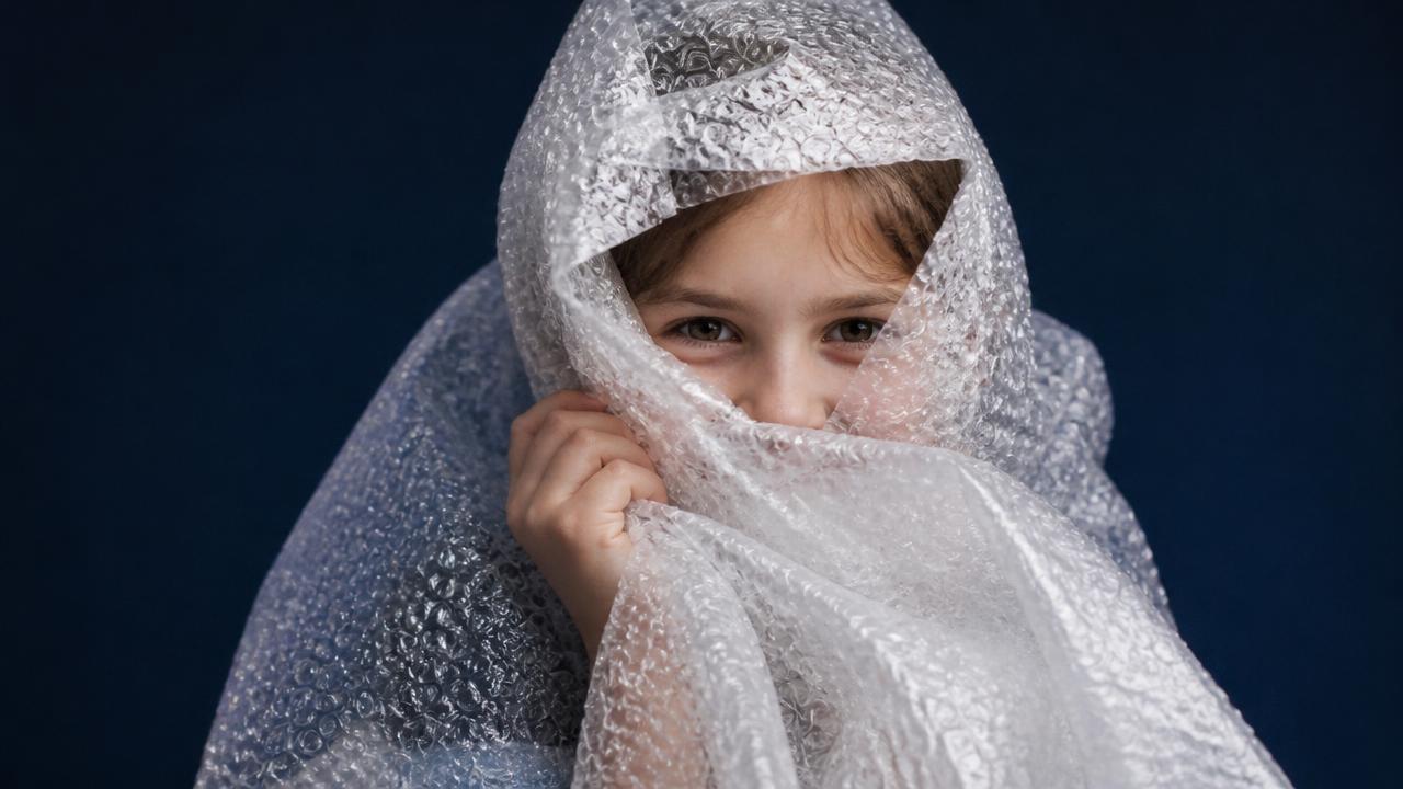 Child peeking out from a sheet of bubble wrap, illustrating protecting your design team so the work can shine.
